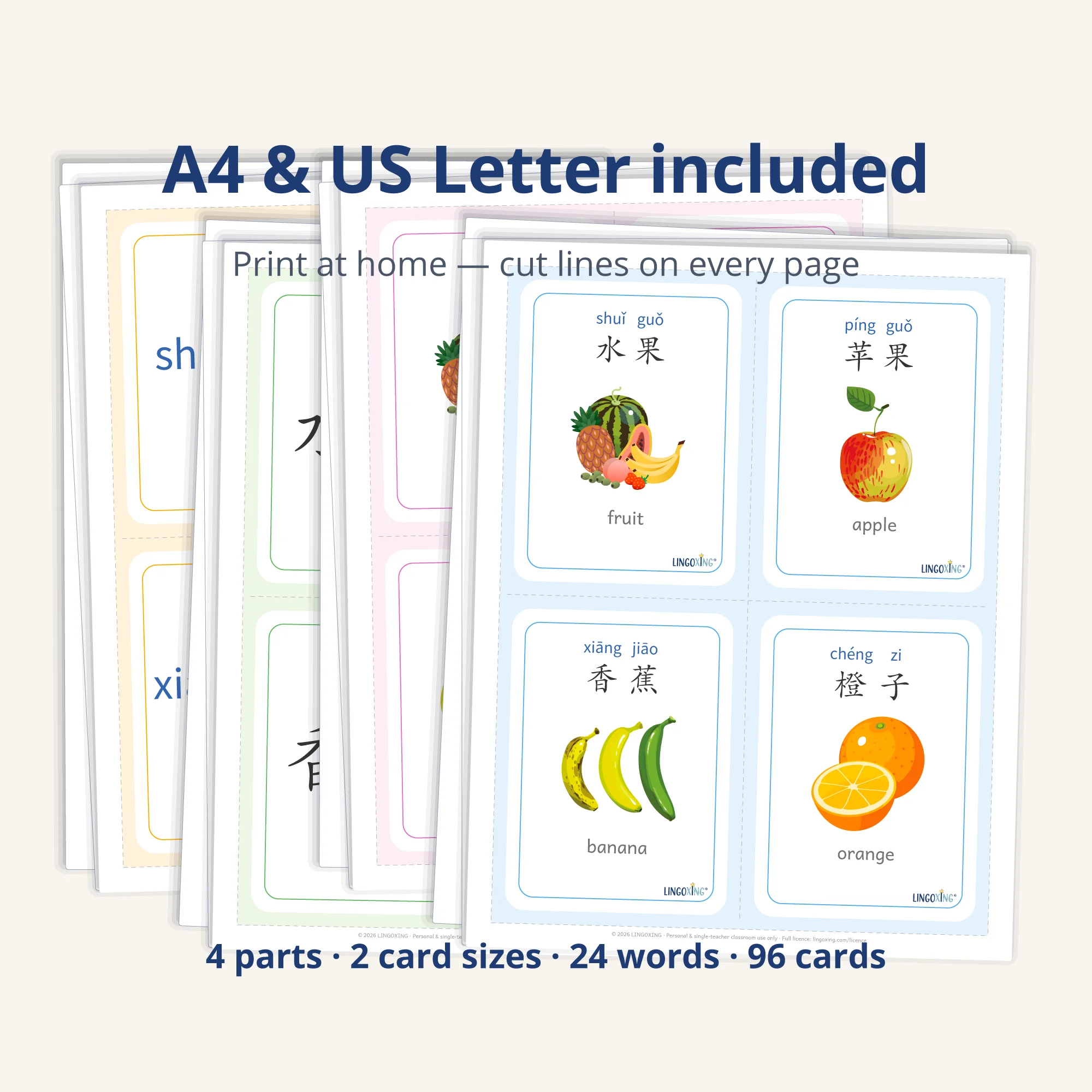 Chinese Fruit Flashcards — 24 Words (PDF) — printable pages