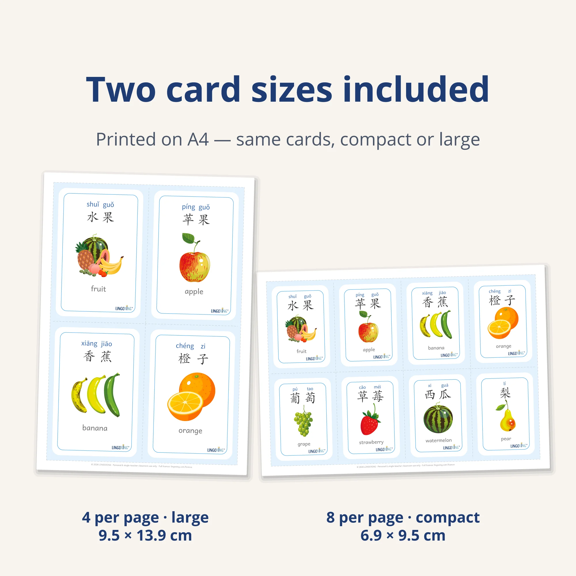 Chinese Fruit Flashcards — 24 Words (PDF) — two sizes A4