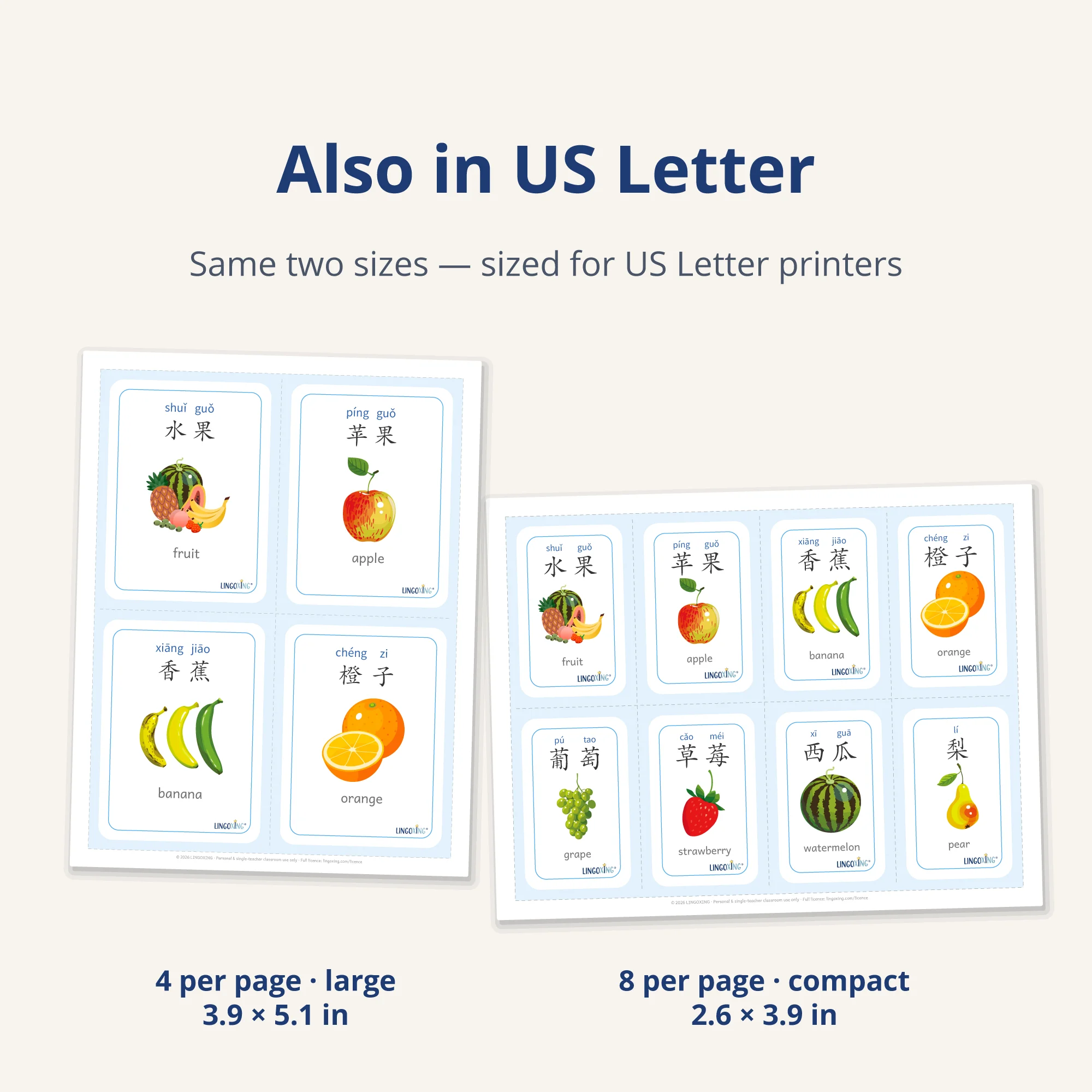 Chinese Fruit Flashcards — 24 Words (PDF) — two sizes US Letter