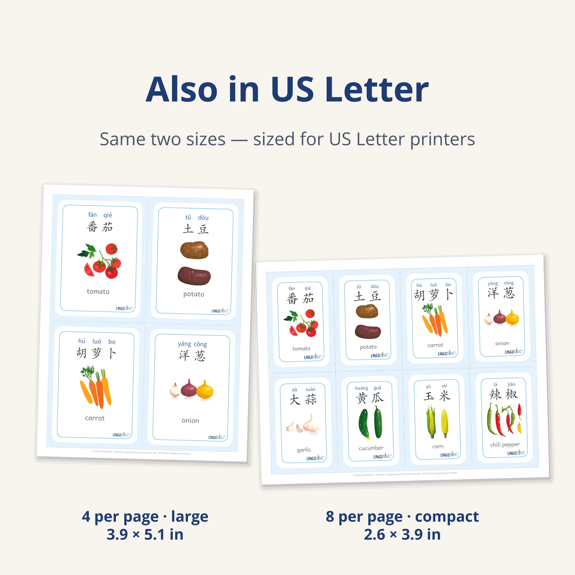 Chinese Vegetable Flashcards — 24 Words (PDF) — two sizes US Letter